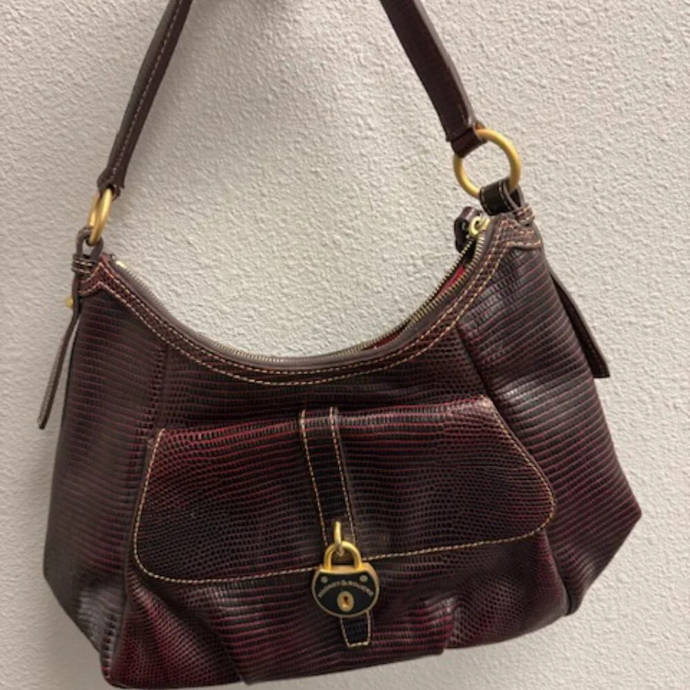 Dooney & Bourke Lizard Embossed Leather Shoulder Bag Brown Red Interior - Picture 6 of 6